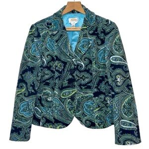 Talbots Women's Stretch Velvet Blue Green Paisley Blazer Jacket Sz 12 Petite